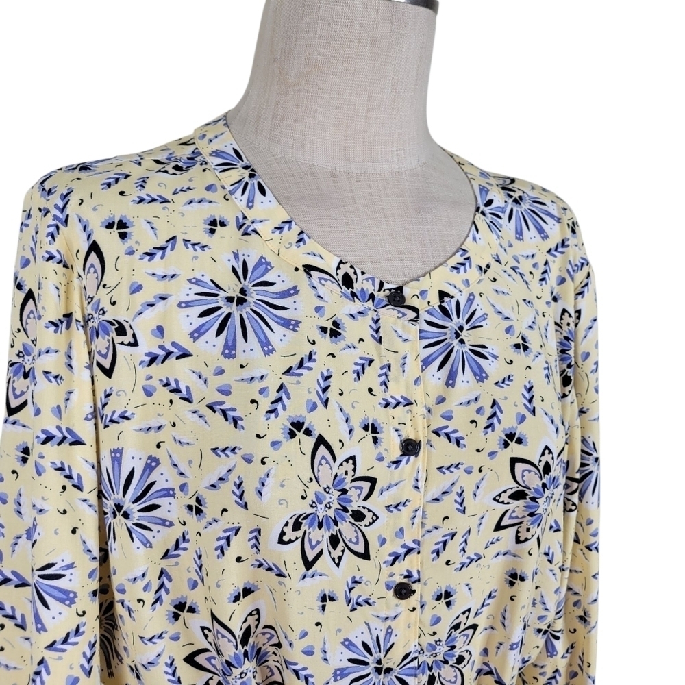 Loft Outlet Shift Dress Size 14 Yellow Blue Floral Button Front Belted Summer - Picture 4 of 12